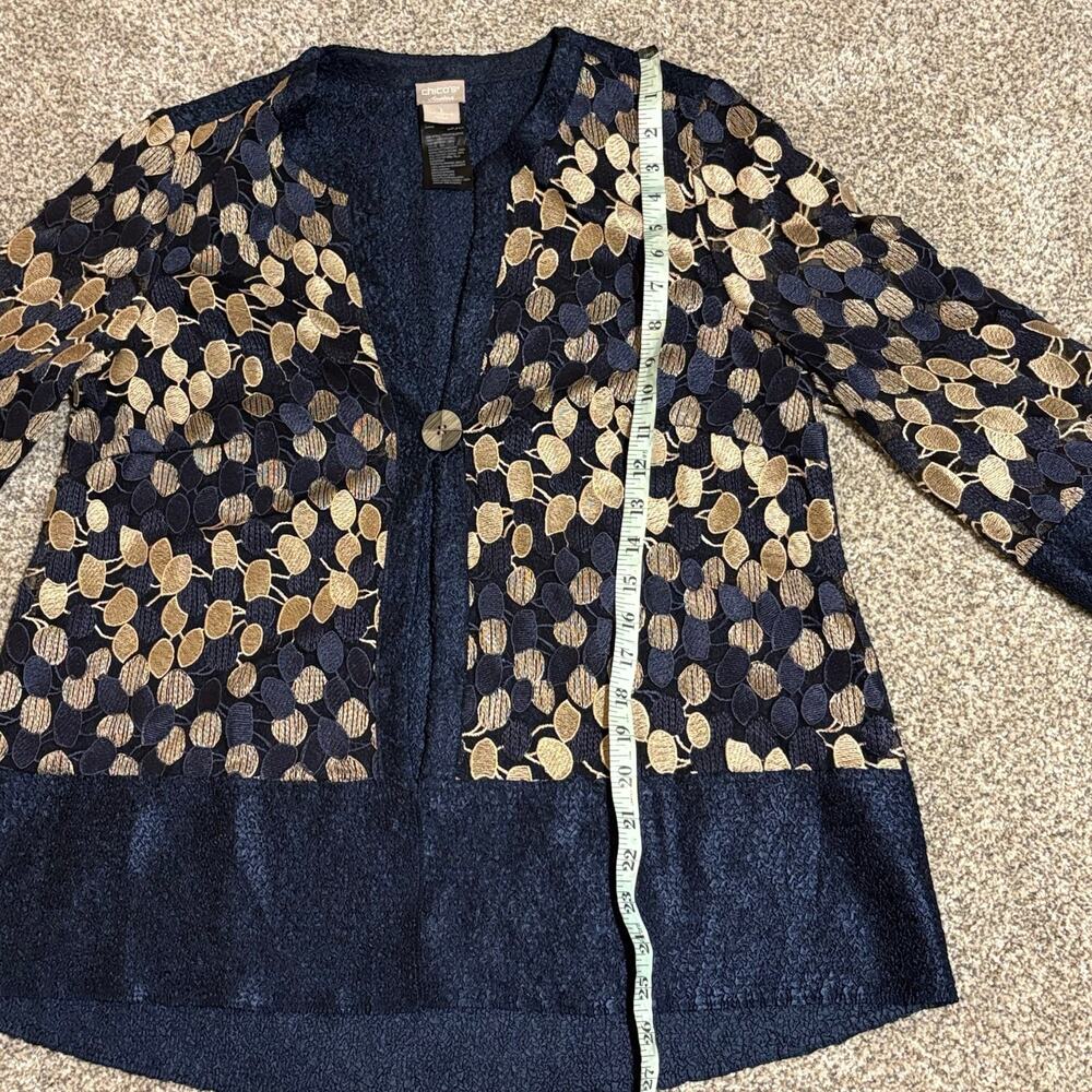 Chico’s Travelers Jacket Cardigan Women’s Sz 1 / L Navy Gold Embroidered Sheer - Picture 4 of 11